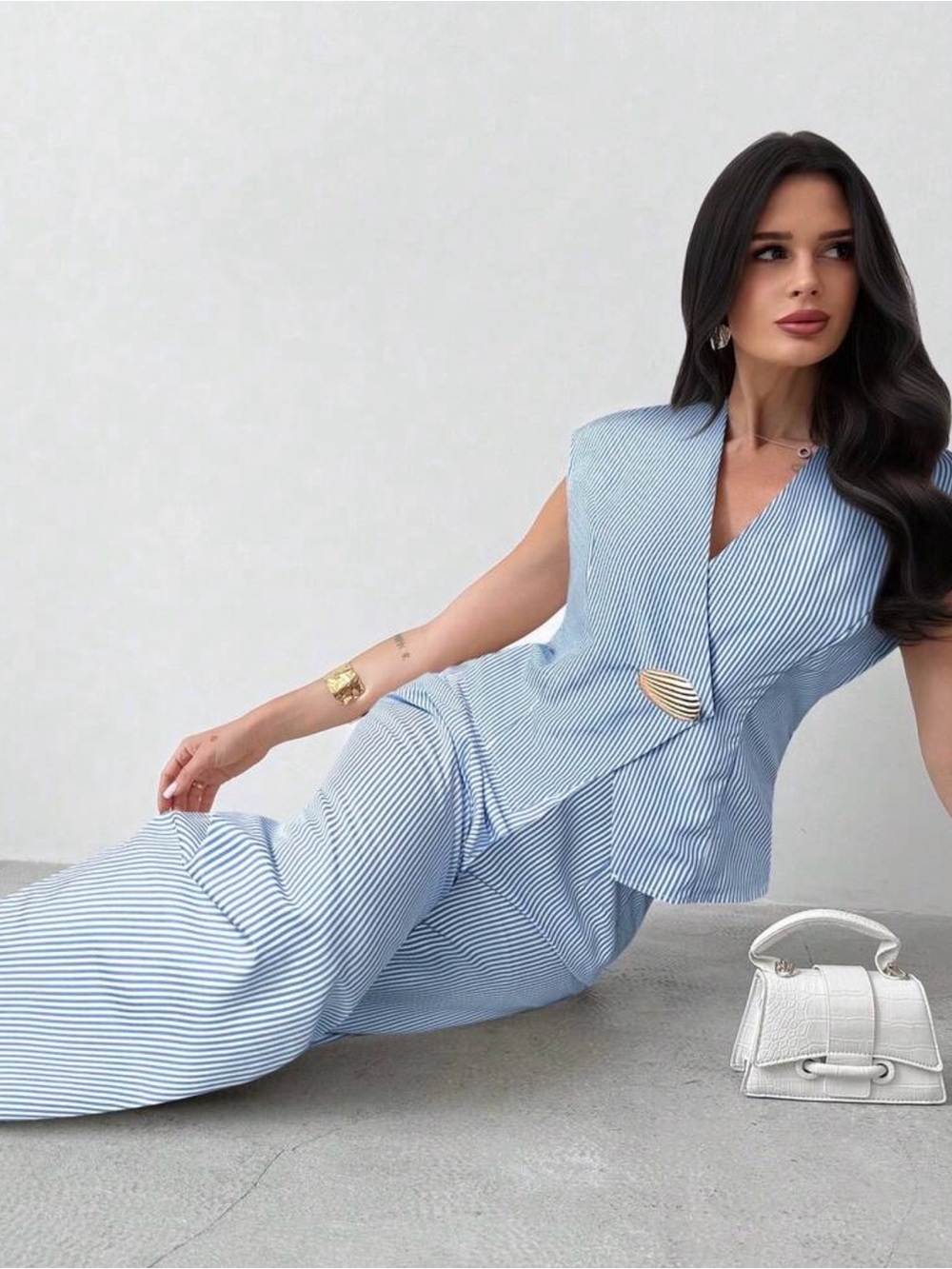 Elegant Light Blue Striped Women's Set